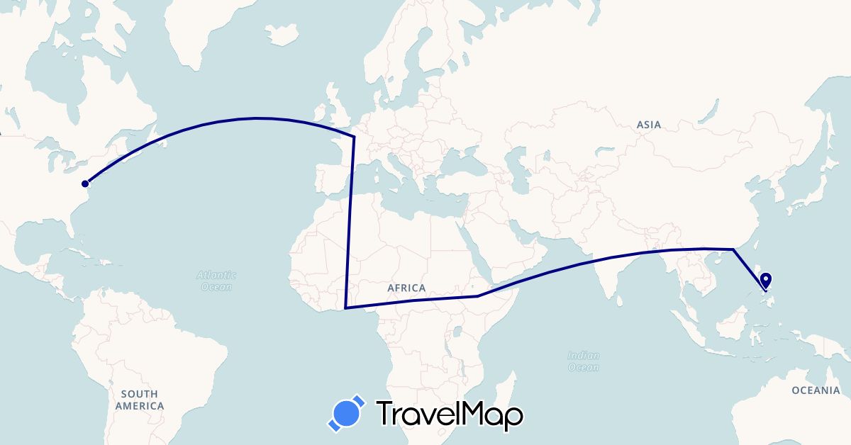 TravelMap itinerary: driving in China, Ethiopia, France, Ghana, Philippines, United States (Africa, Asia, Europe, North America)